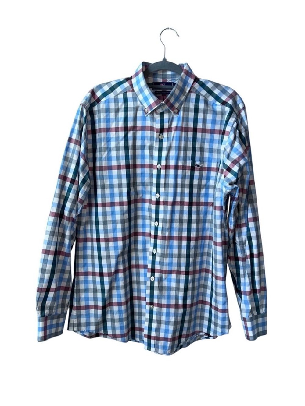 Vineyard Vines Slim Fit Tucker Shirt is blue, red and white plaid